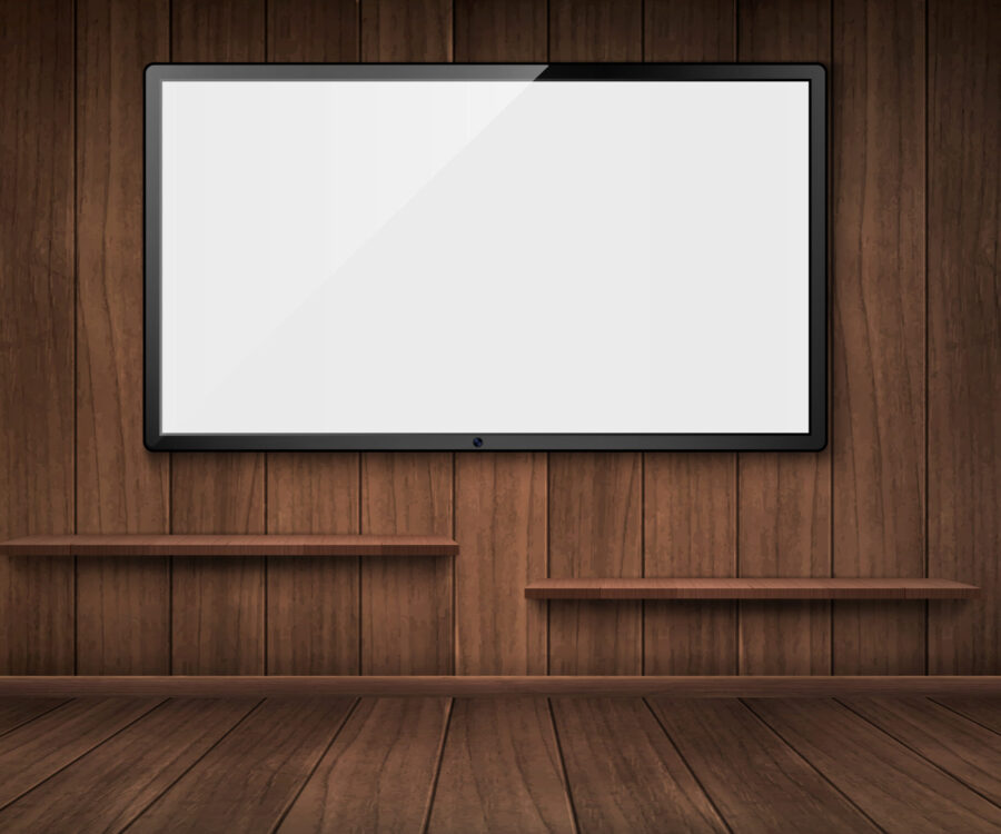 Empty wooden room with wide tv screen and bookshelves. Vector realistic blank lcd monitor panel on wooden wall. Interior design of house or studio indoor